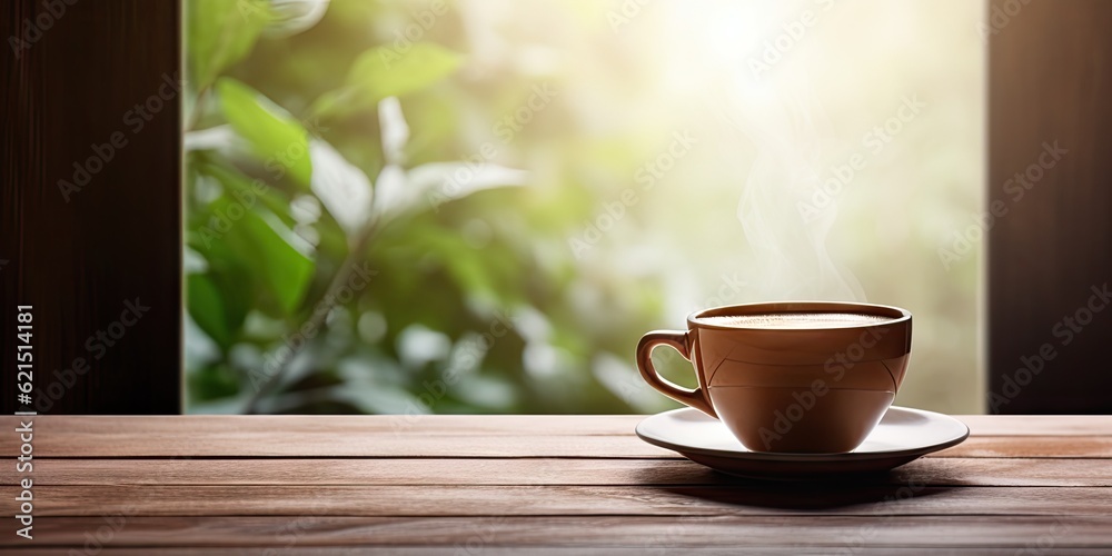 Cup of hot espresso on modern wooden table. Creating aroma, evoking sense of lifestyle and romance