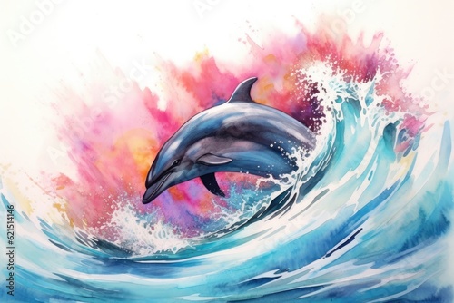 Photography fluidity and unpredictability of watercolors by creating a dynamic and energetic dolphin print