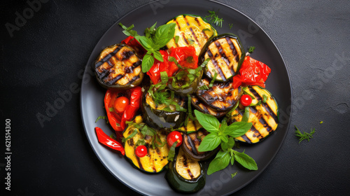 Grilled vegetables colourful bell pepper, zucchini, eggplant with basil and dry herbs on a plate over dark slate, stone, concrete or metal background. Top view. Summer BBQ vegetarian healthy