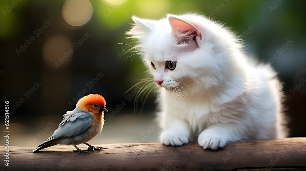 Fototapeta premium White cat and bird on the background of nature. Generative AI.