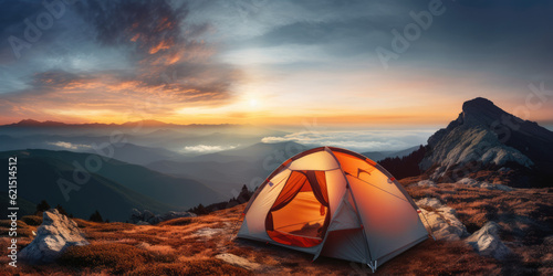 Camping tent high in the mountains at sunset. Banner with copy space