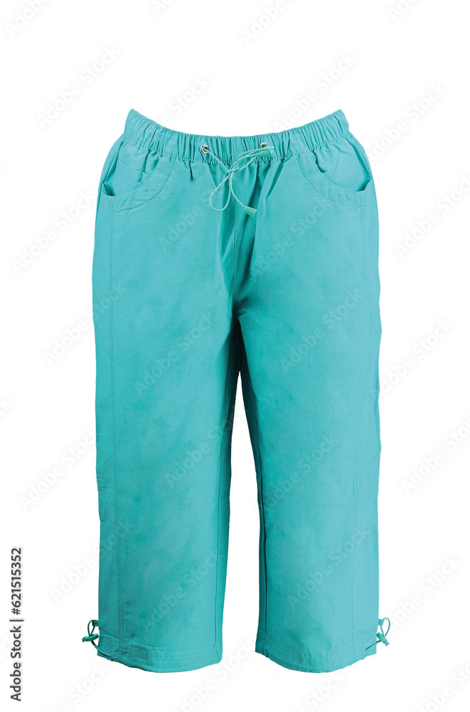 Menthol summer Capri. Adjustable ties at the sides. Isolated image on a white background. Photo on a mannequin. Menthol summer Capri. Adjustable ties at the sides. Isolated image on a white background. Photo on a mannequin.