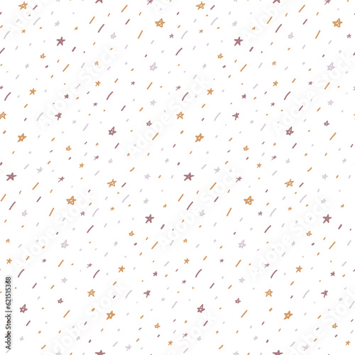 Doodle starry sky. Starfall. Stars and strokes. Seamless pattern for fabrics, textiles, packaging. Childish pattern.