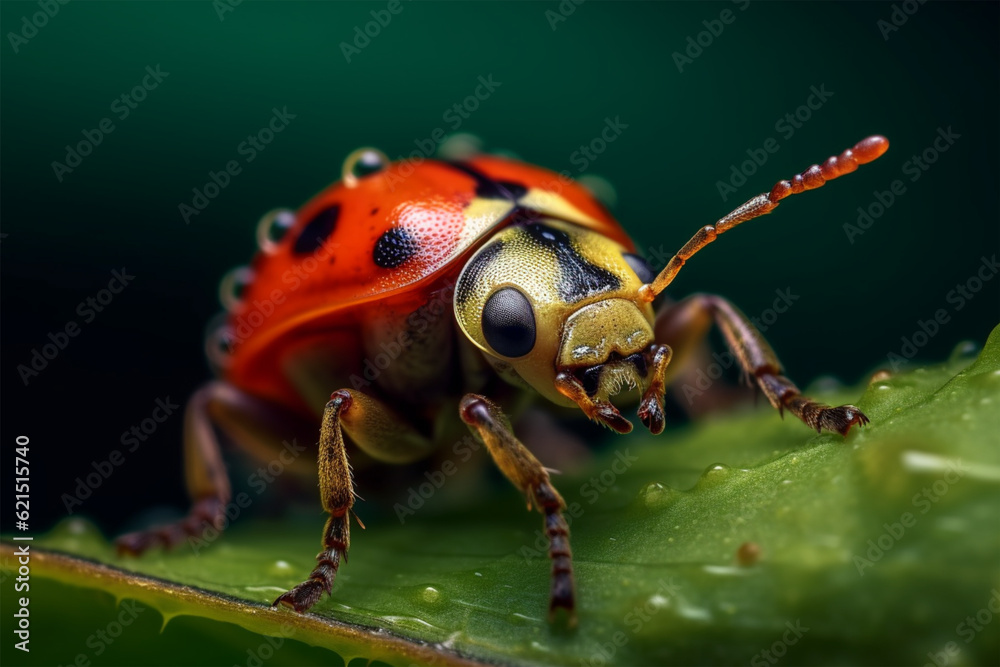 Fototapeta premium Red ladybug on green leaf isolated on black background close-up