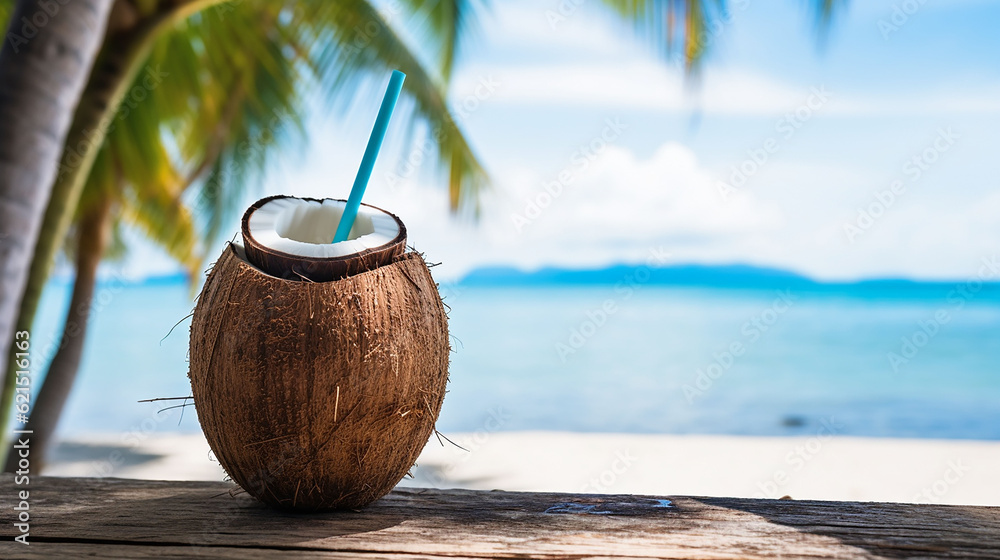 Tropical fresh coconut cocktail with straw on white beach with blue ocean and palm trees on the background, tropical,Holiday,resort concept, Generative Ai
