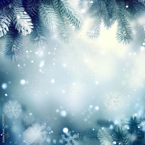 Winter background with fir branches and snowflakes
