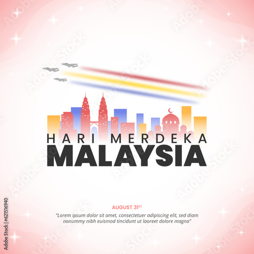 Square Hari Merdeka Malaysia or Independence Day of Malaysia background with colorful silhouette buildings