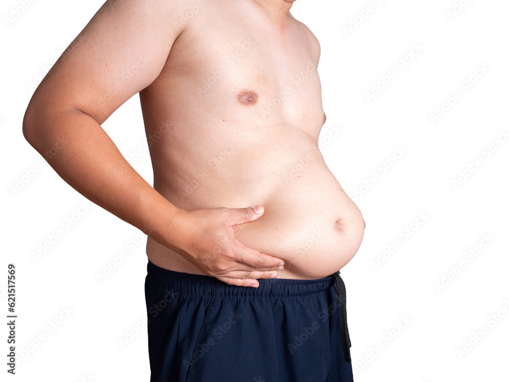 big belly fat guy wearing white shirt on white background isolated.
