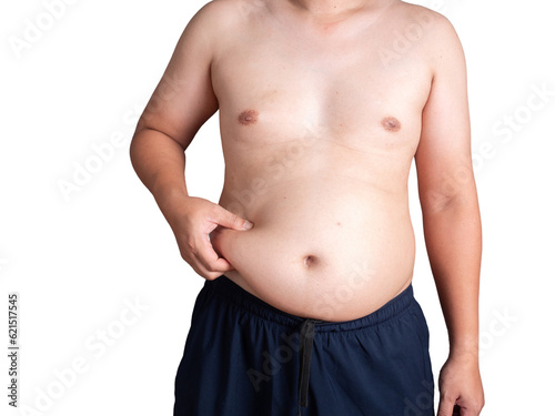 Bild auf Leinwand big belly fat guy wearing white shirt on white background isolated
