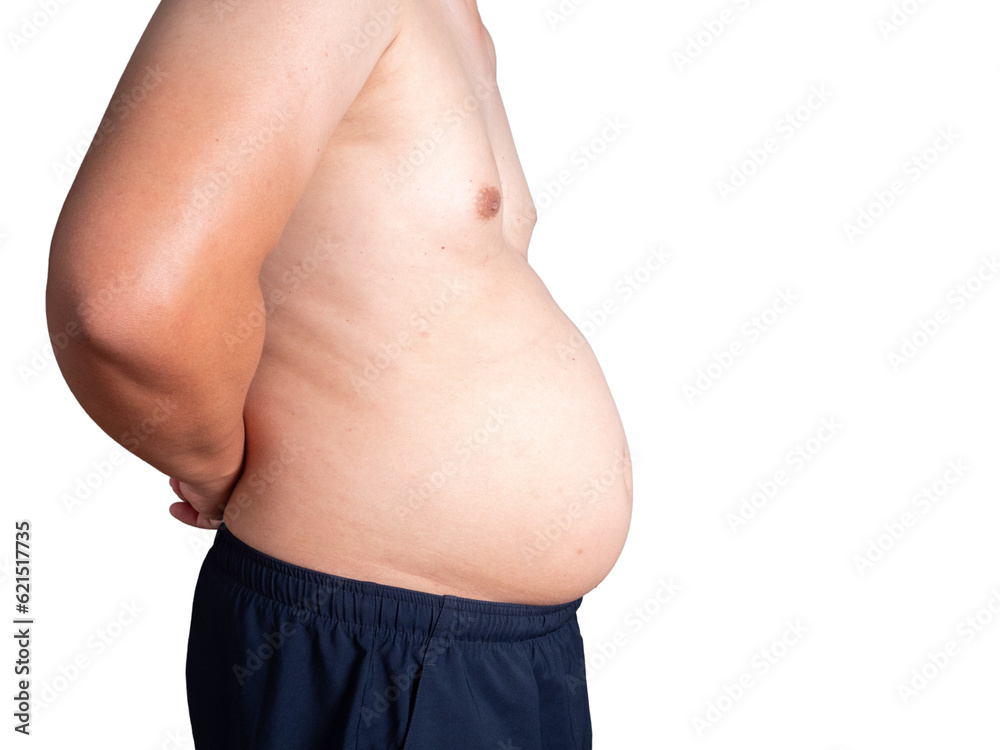 Naklejka premium big belly fat guy wearing white shirt on white background isolated.