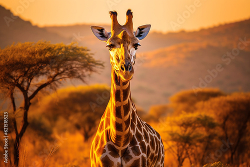 Giraffe in african savanna at sunrise