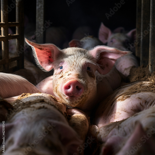 Sad pig in small factory farming cage © Luca