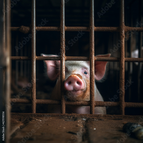 Sad pig in small factory farming cage
