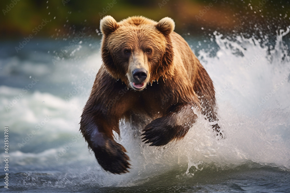 Wild brown bear running through water towards camera Wild brown bear running through water towards camera
