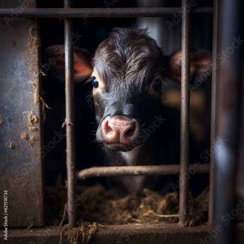 Sad calv in small factory farming cage