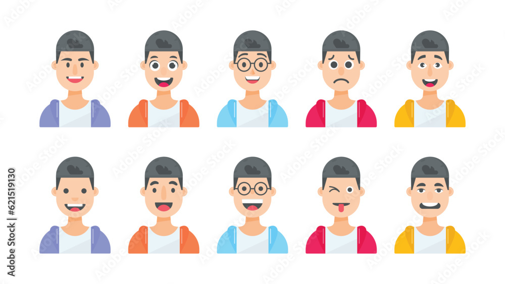 Male cartoon characters with different facial expressions, vector illustration Male cartoon characters with different facial expressions, vector illustration