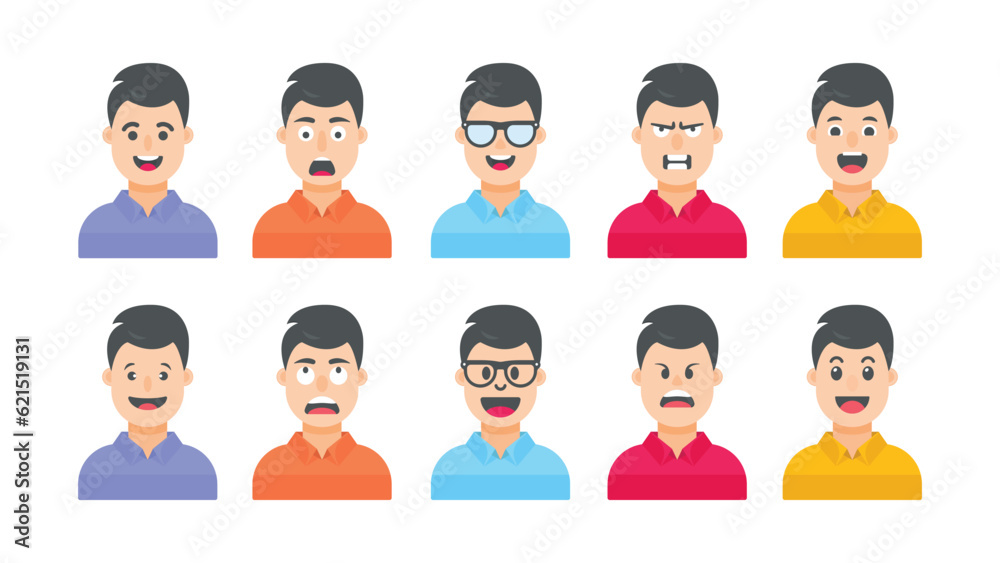 Boy cartoon character with facial expressions and different skin colors