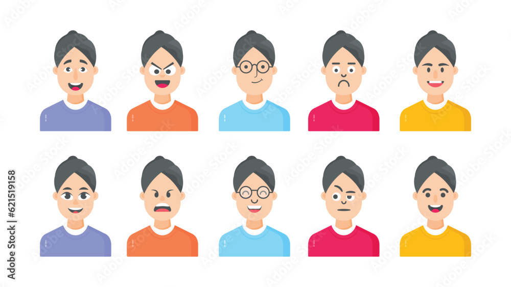 Young boys character avatar with facial expressions, vector illustration Young boys character avatar with facial expressions, vector illustration