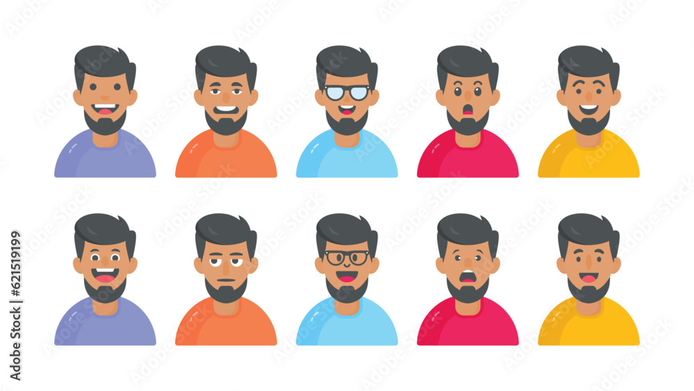 Vector man with beard cartoon characters with different facial expressions Vector man with beard cartoon characters with different facial expressions
