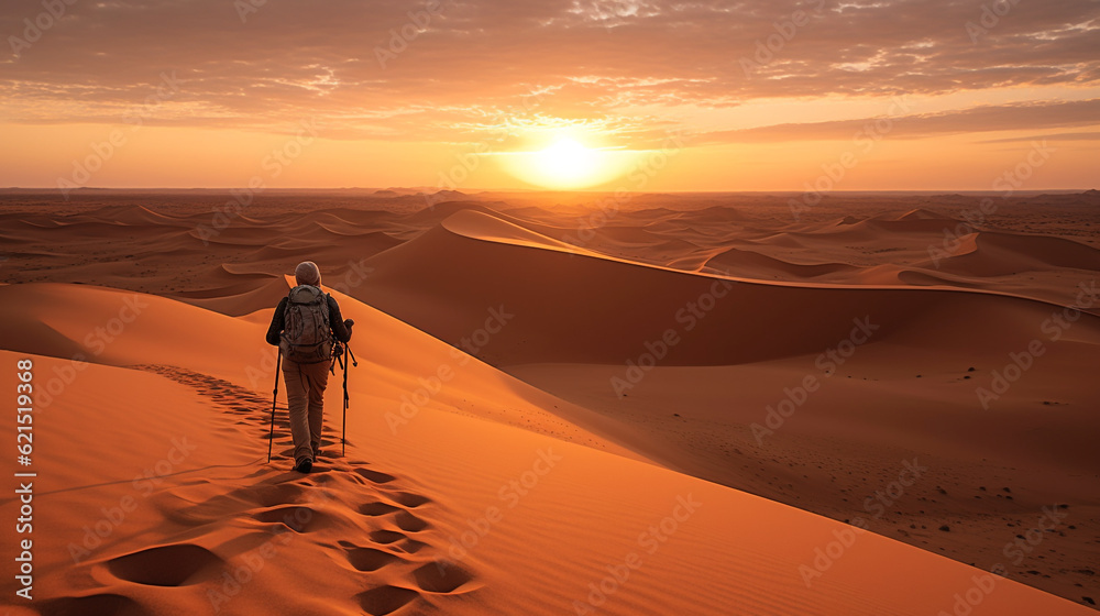 Nomad walking through desert on sand dune at sunset