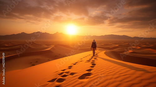 Nomad walking through desert on sand dune at sunset