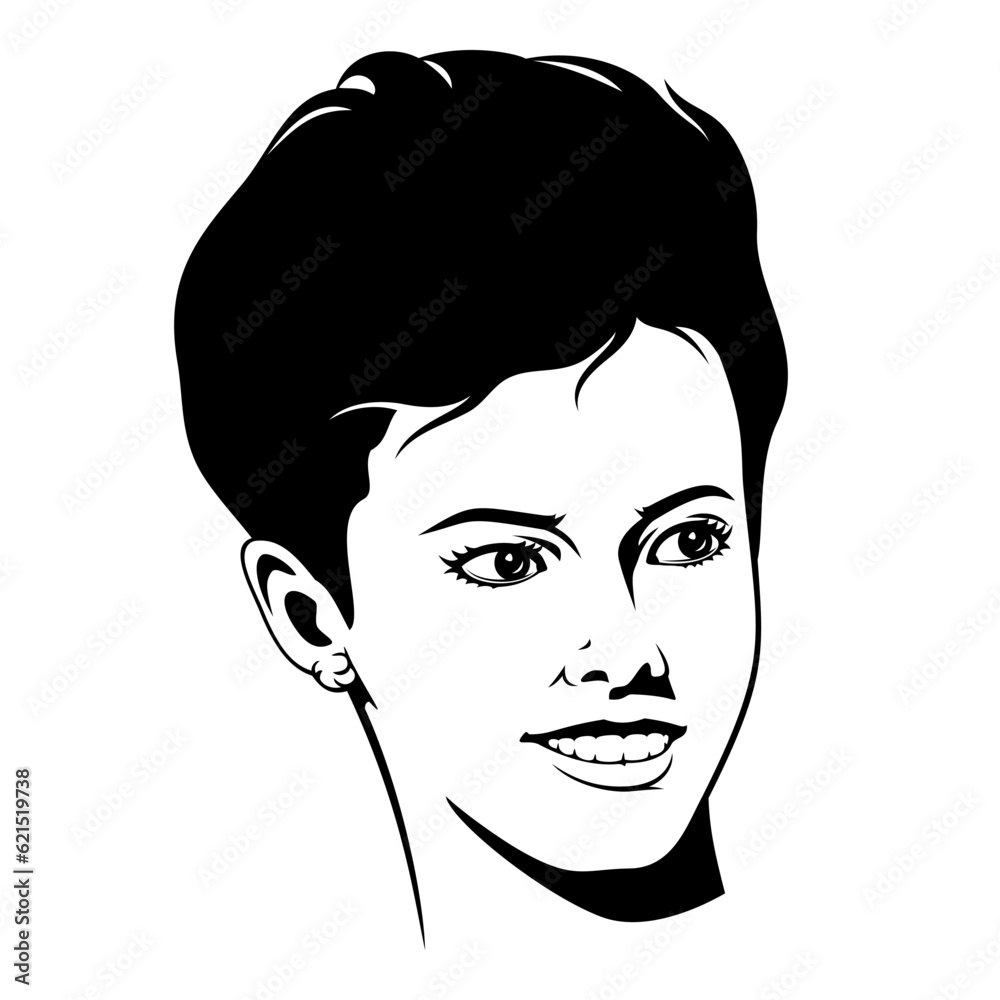 Woman Face Silhouette. Black and white portrait of girl with short hair