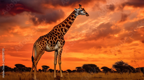 Giraffe at sunset in african savanna