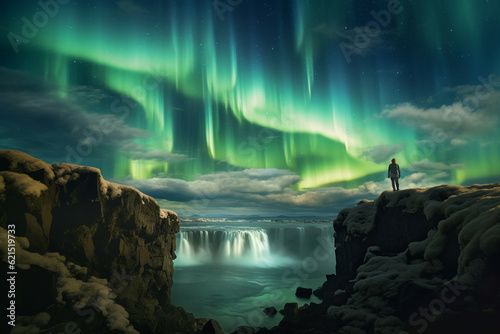 Wanderlust landscape of lonely traveller awed by northern lights, space for text