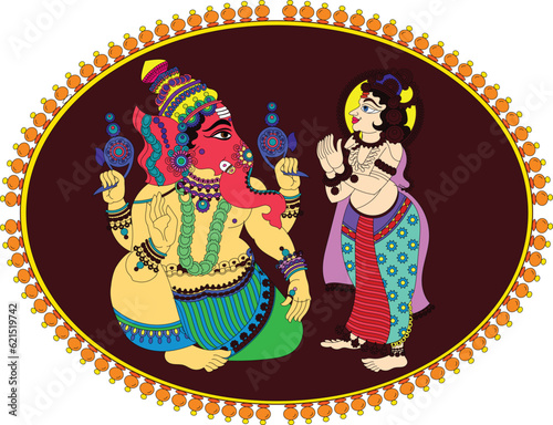 Illustration of Lord Ganpati/Ganesha drawn in Pinguli folk art style of Maharashtra India. for textile printing, logo, wallpaper
