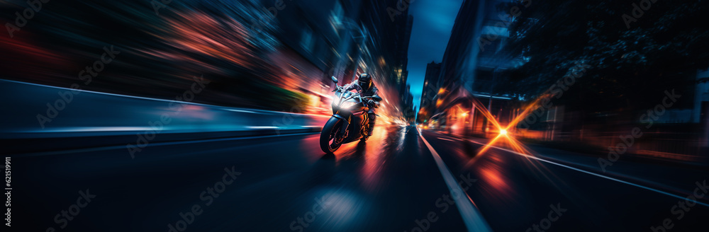 bayker on sport bike or motorcycle drives fast through the big city. speed concept. Generative AI