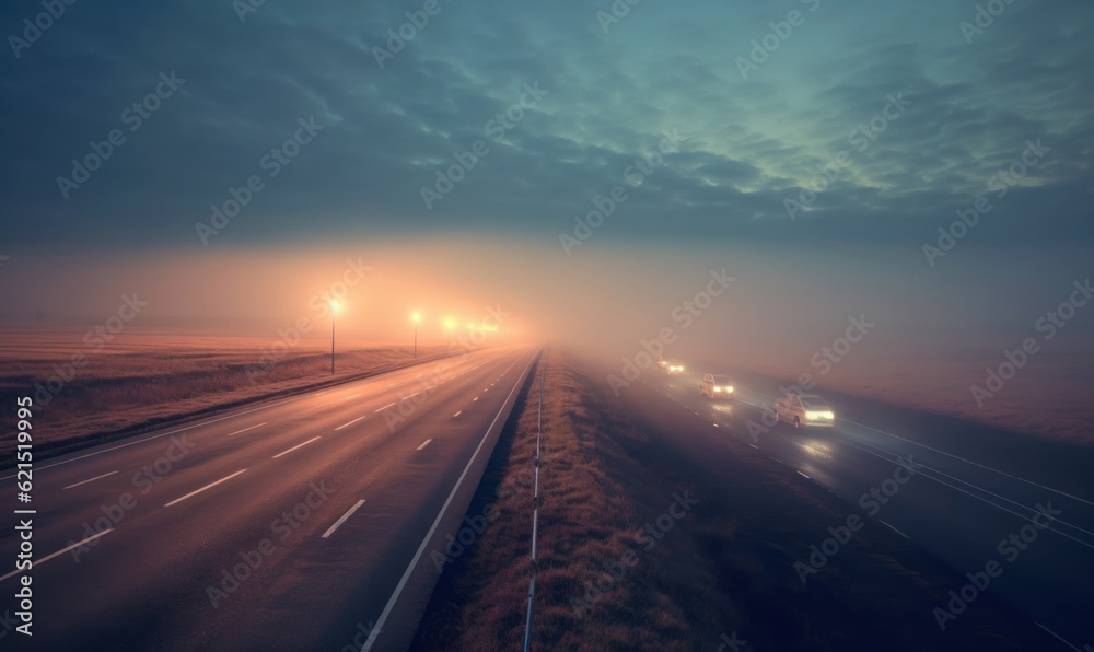 Classic night view of the road. Road, light,car, fields. City dark background. For banner, postcard, book illustration
