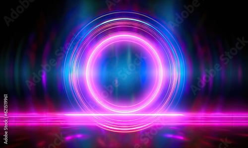 Neon circle on abstract background. Cyberpunk background. For banner, postcard, book illustration