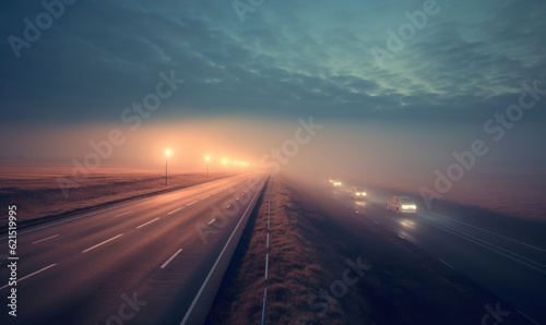 Classic night view of the road. Road, light,car, fields. City dark background. For banner, postcard, book illustration