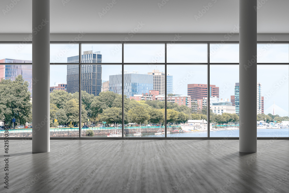 Fototapeta premium Panoramic picturesque city view of Boston at day time from modern empty room, Massachusetts. An intellectual, technological and political center. 3d rendering.