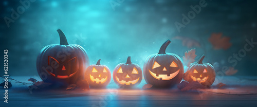 horror halloween jack-o-lantern evil fear night blue mystery pumpkin background table. Generative AI.