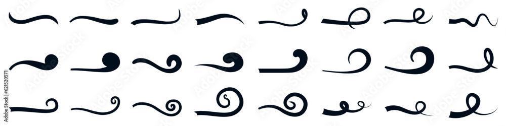 Set typographic swash and swooshes tails, stroke underline swish, underlined text tails, retro swishes for typography, curly hand drawn text calligraphic brush tail, logos, doodle decorative font