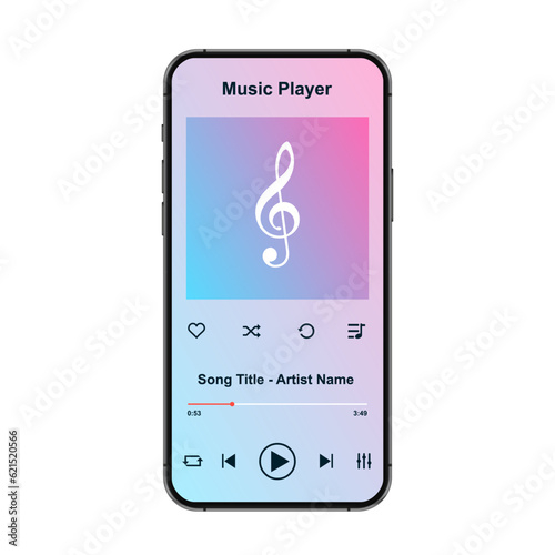 Music player on mobile phone, modern music player on smartphone screen - stock vector