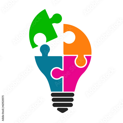 Concept of creative teamwork with light bulb of colored puzzle – stock vector