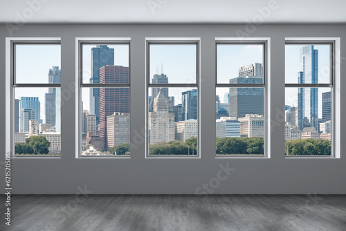 Downtown Chicago City Skyline Buildings from High Rise Window. Beautiful Expensive Real Estate overlooking. Epmty room Interior Skyscrapers View in Penthouse Cityscape. Day time. 3d rendering.