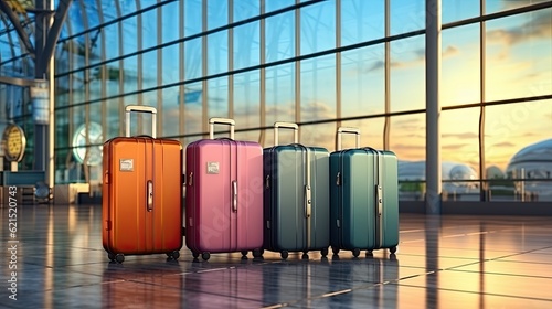 yellow suitcases in airport background, travel concept 3d rendering illustration