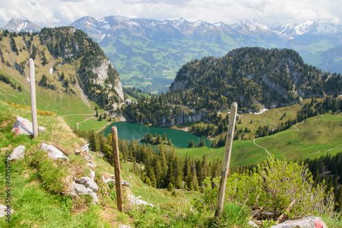 Beautiful swiss alpine landscape with a mountain lake. photo