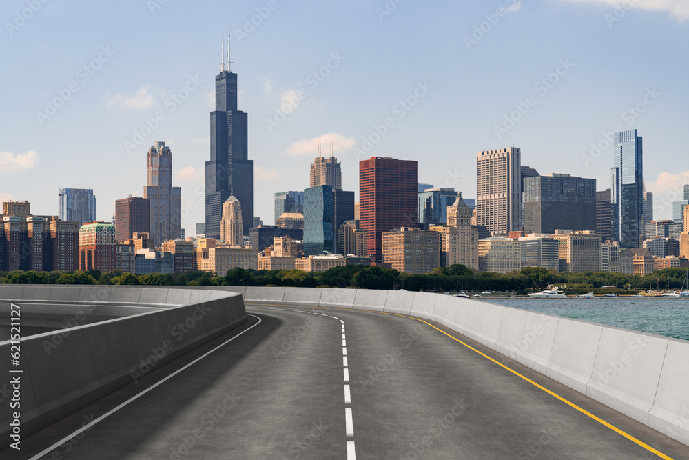 Empty urban asphalt road exterior with city buildings background. New modern highway concrete construction. Concept of way to success. Transportation logistic industry fast delivery. Chicago. USA. Empty urban asphalt road exterior with city buildings background. New modern highway concrete construction. Concept of way to success. Transportation logistic industry fast delivery. Chicago. USA.