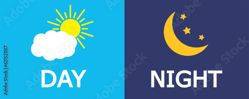 Day and night vector illustration. Sun with cloud and moon with stars vector banner. Cartoon background.