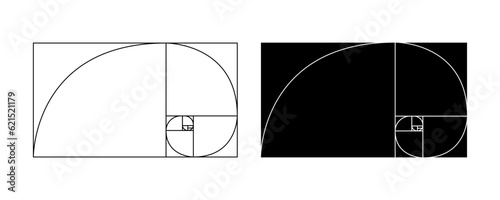Golden ratio spiral template. Geometric relationship or proportion. Ideal scale mockup.