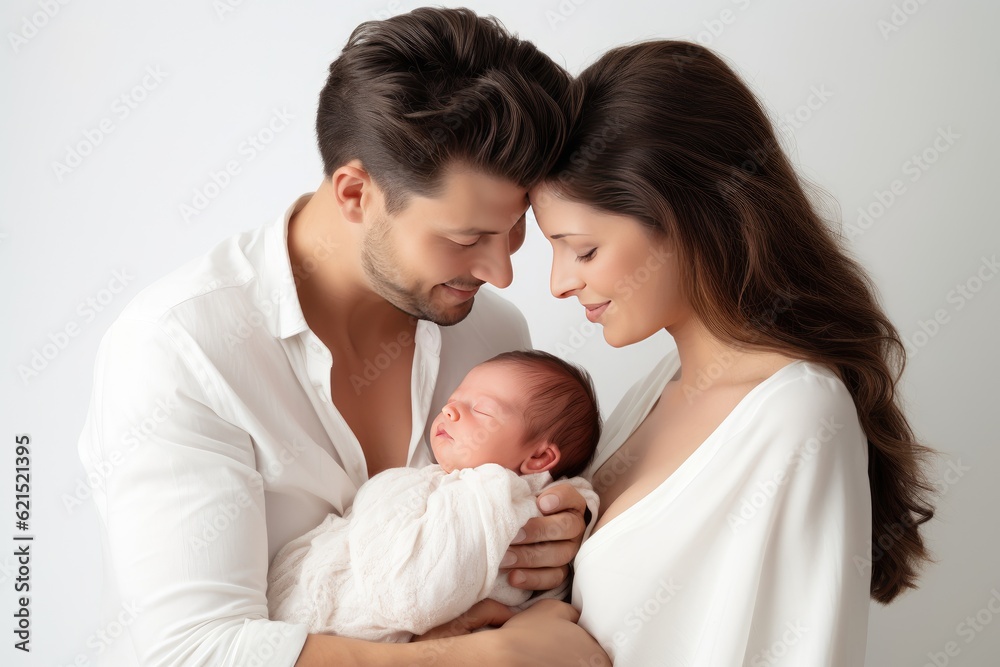 Both the mother and father lovingly cradle their newborn baby Both the mother and father lovingly cradle their newborn baby