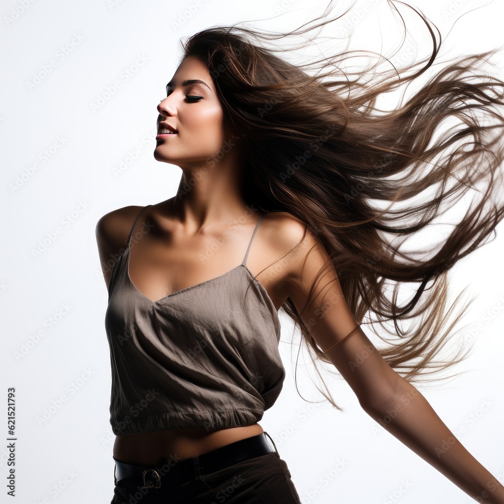 Fototapeta premium Young woman with long hair flowing down to her waist