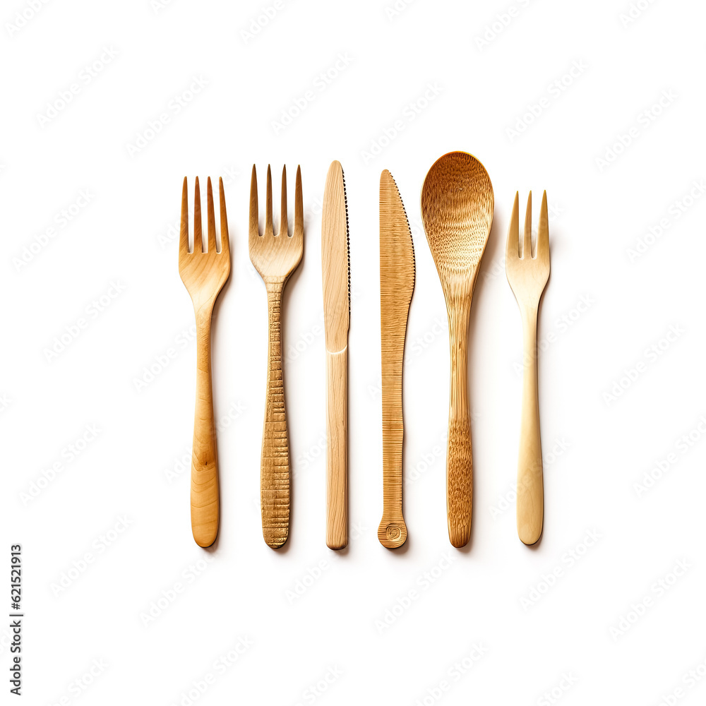 Wooden cutlery isolated on white background. Top view.
