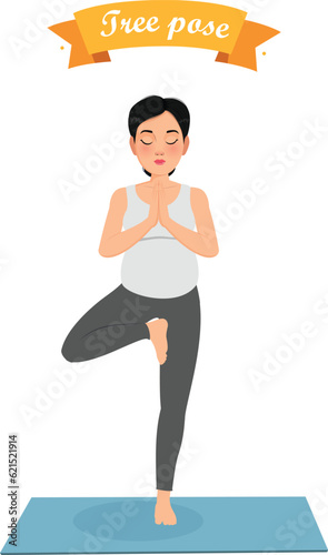 Pregnant woman standing in vrksasana posture.  Yoga for pregnant women. Pregnancy yoga at home. Tree pose yoga. Vrksasana tree pose for pregnant women.
