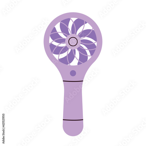 Portable handheld electric fan. Mini cooling hand fan. Portable equipment for summer travel in the heat. Vector illustration in cartoon style. Isolated white background.