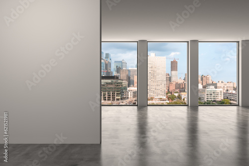 Downtown Philadelphia City Skyline Buildings from High Rise Window. Beautiful Expensive Real Estate overlooking. Empty room Interior. Mockup wall. Skyscrapers Cityscape. Day. Penn. 3d rendering.